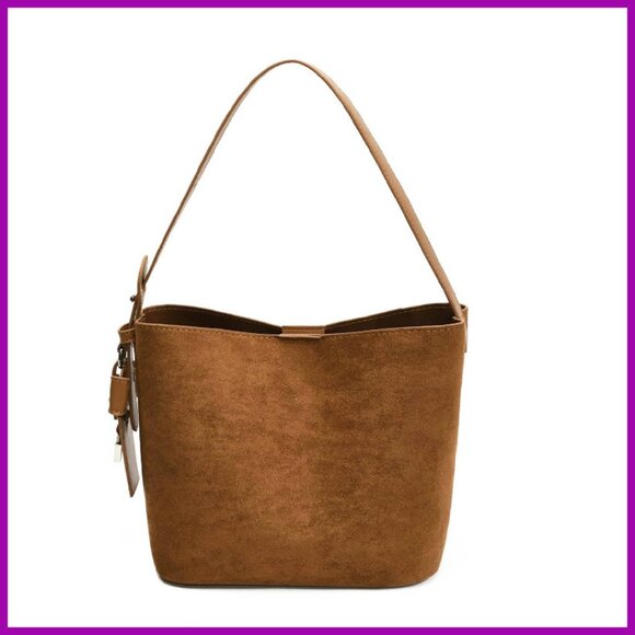 Handbags - Suede Bucket Bag with Detachable Straps, Crossbody Shoulder Handbag